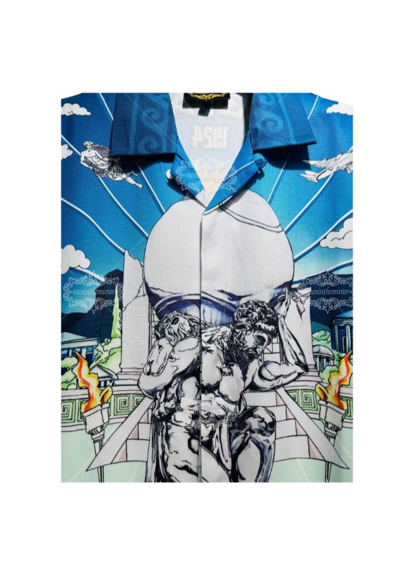 شاحب الأزرق الباروك النحت طباعة قميص / ضوء لوكس منتجع قصيرة