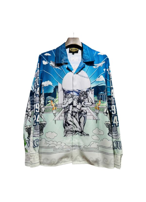 شاحب الأزرق الباروك النحت طباعة قميص / ضوء لوكس منتجع قصيرة