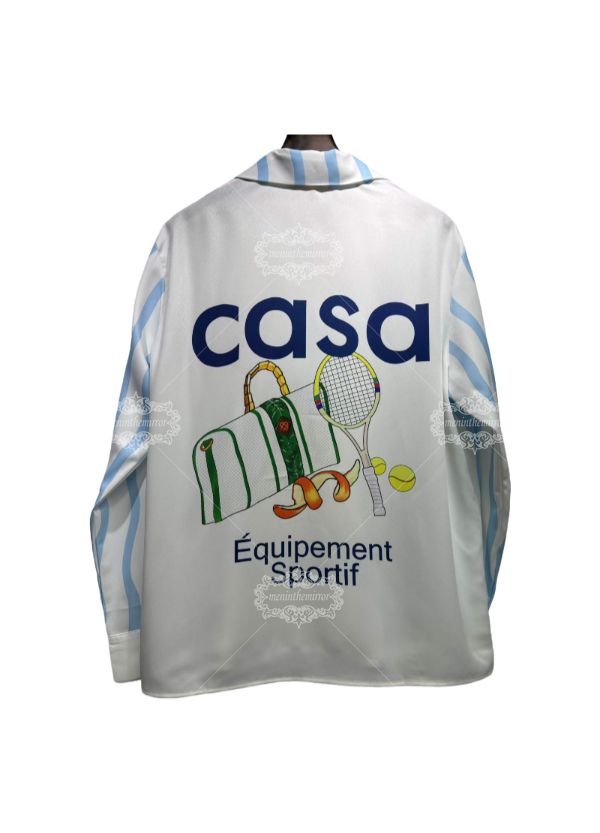 الأبيض والأزرق موجة شريط تنس عنصر طباعة قميص | الرياضة لوكس منتجع طويل