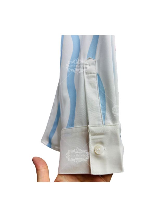 الأبيض والأزرق موجة شريط تنس عنصر طباعة قميص | الرياضة لوكس منتجع طويل