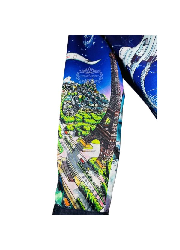 الفاخرة العالمية سيتي سكيب طباعة قميص / الحرير الساتان السفر الفن طويل