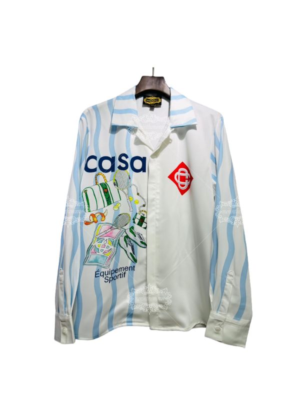 الأبيض والأزرق موجة شريط تنس عنصر طباعة قميص | الرياضة لوكس منتجع طويل