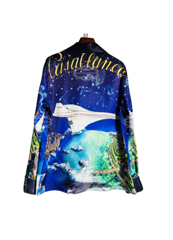 الفاخرة العالمية سيتي سكيب طباعة قميص / الحرير الساتان السفر الفن طويل