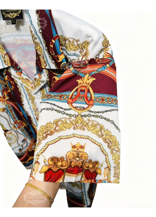 ملكي النقل وشاح طباعة قصيرة الأكمام قميص / حريري التراث الفاخرة