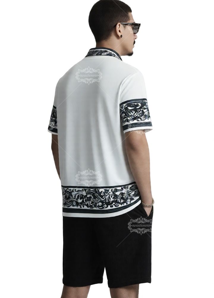 أحادية اللون الباروك طباعة النص قميص / لوكس الأبيض والأسود قصيرة