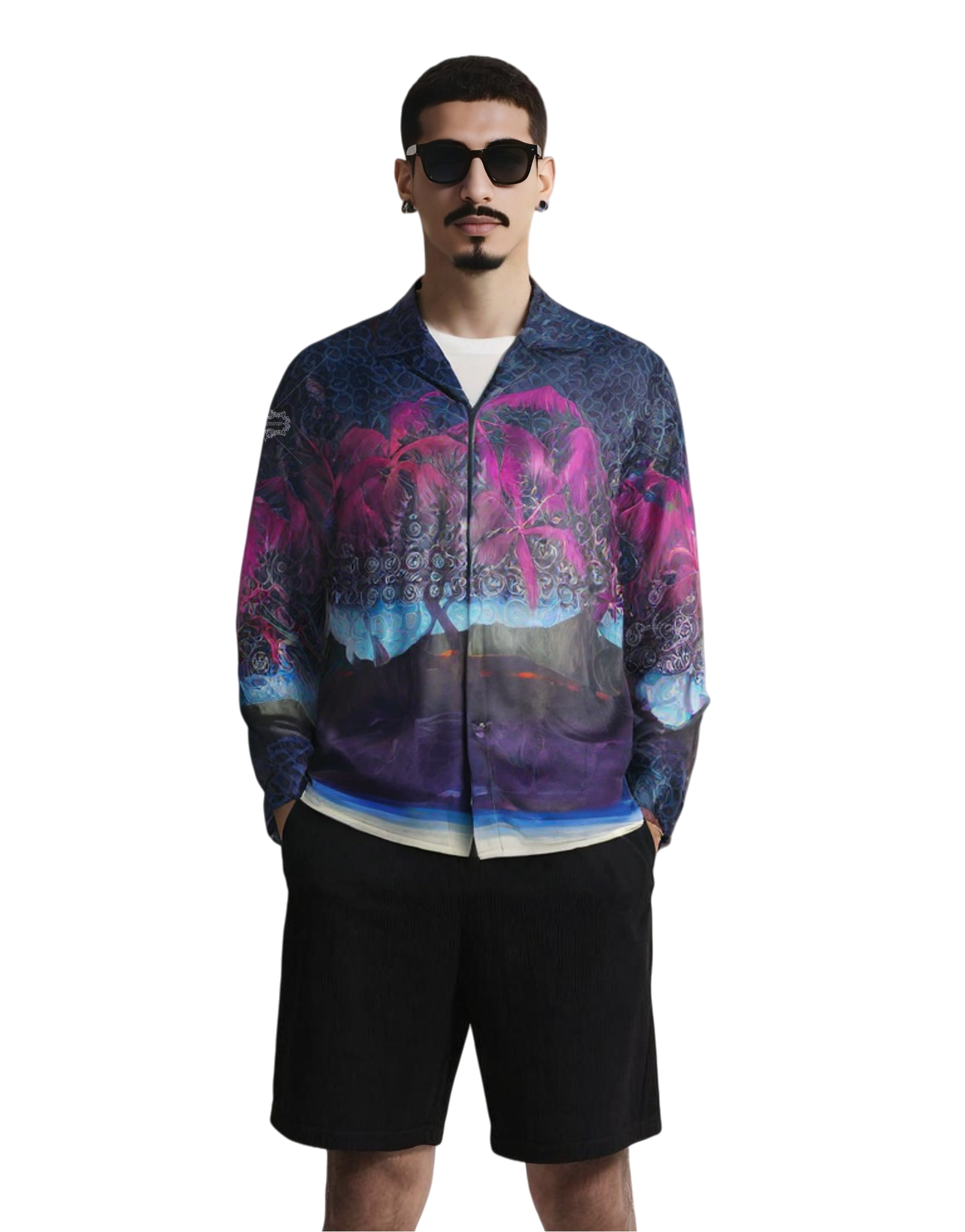 نابض بالحياة النيون النخيل طباعة قميص طويل الأكمام | لوكس منتجع ارتداء