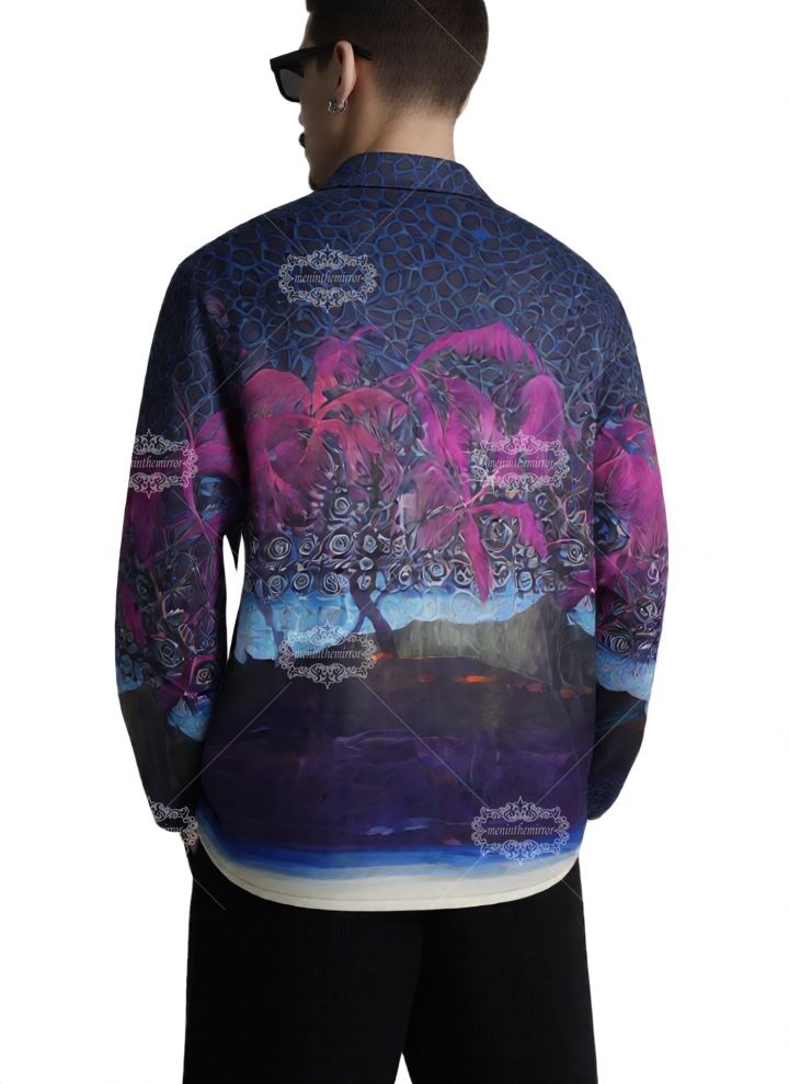 نابض بالحياة النيون النخيل طباعة قميص طويل الأكمام | لوكس منتجع ارتداء