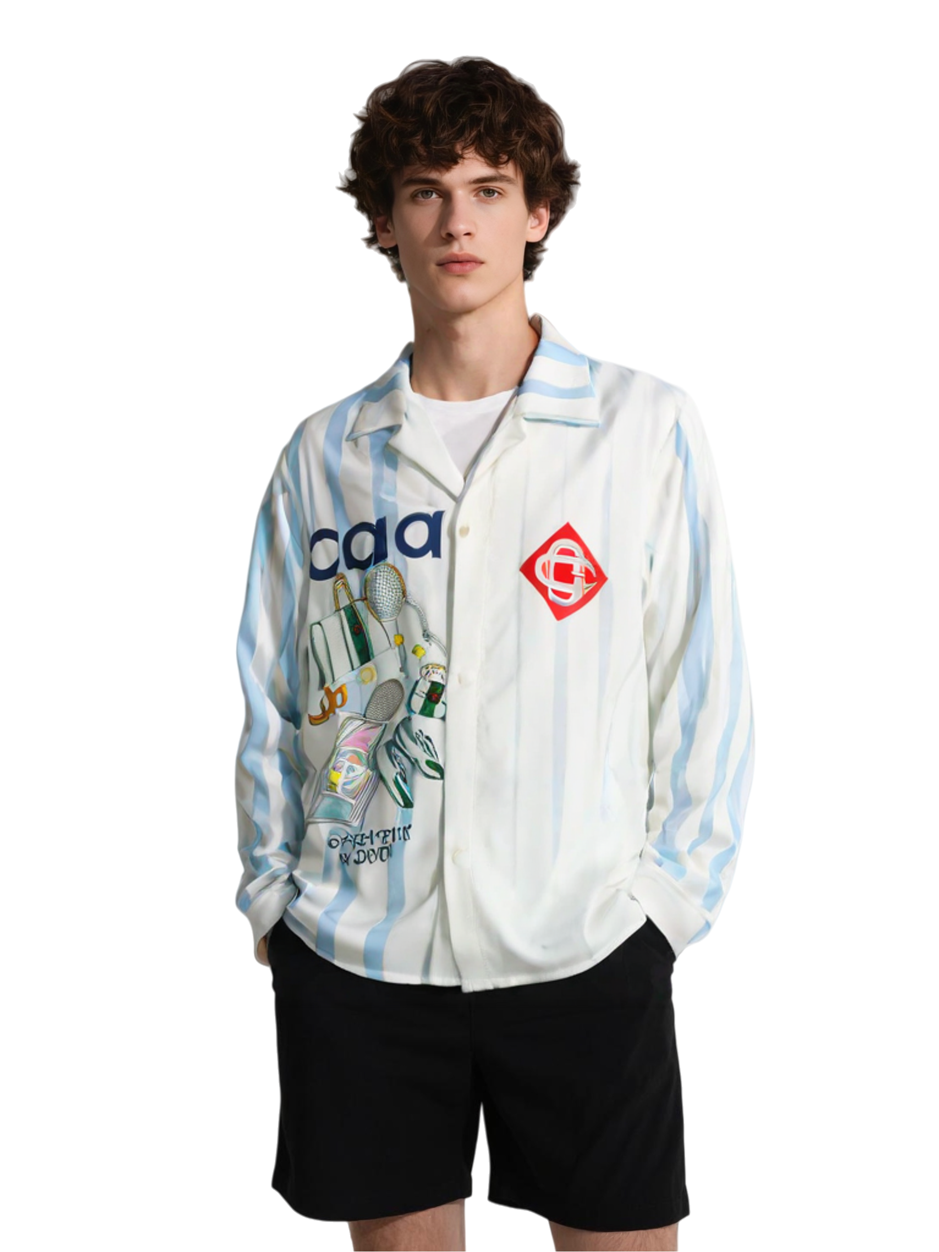 الأبيض والأزرق موجة شريط تنس عنصر طباعة قميص | الرياضة لوكس منتجع طويل