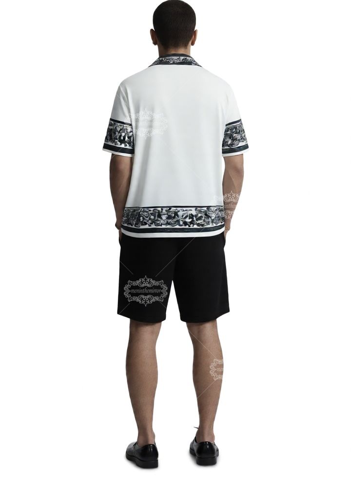 أحادية اللون الباروك طباعة النص قميص / لوكس الأبيض والأسود قصيرة