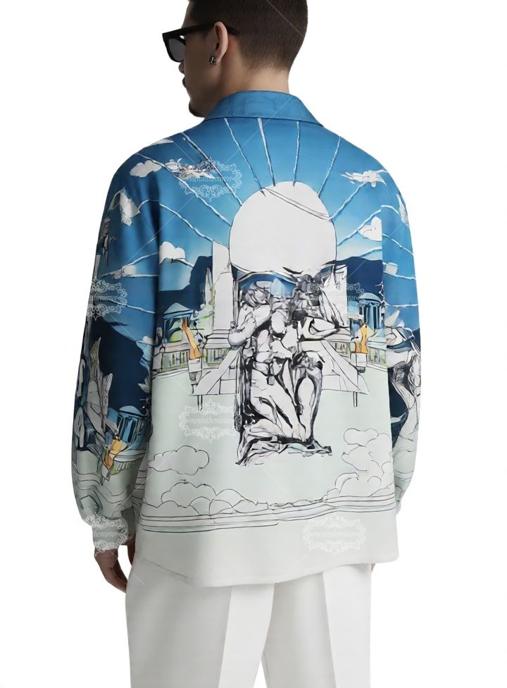 شاحب الأزرق الباروك النحت طباعة قميص / ضوء لوكس منتجع قصيرة