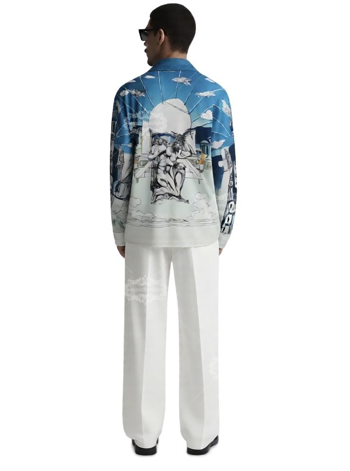 شاحب الأزرق الباروك النحت طباعة قميص / ضوء لوكس منتجع قصيرة