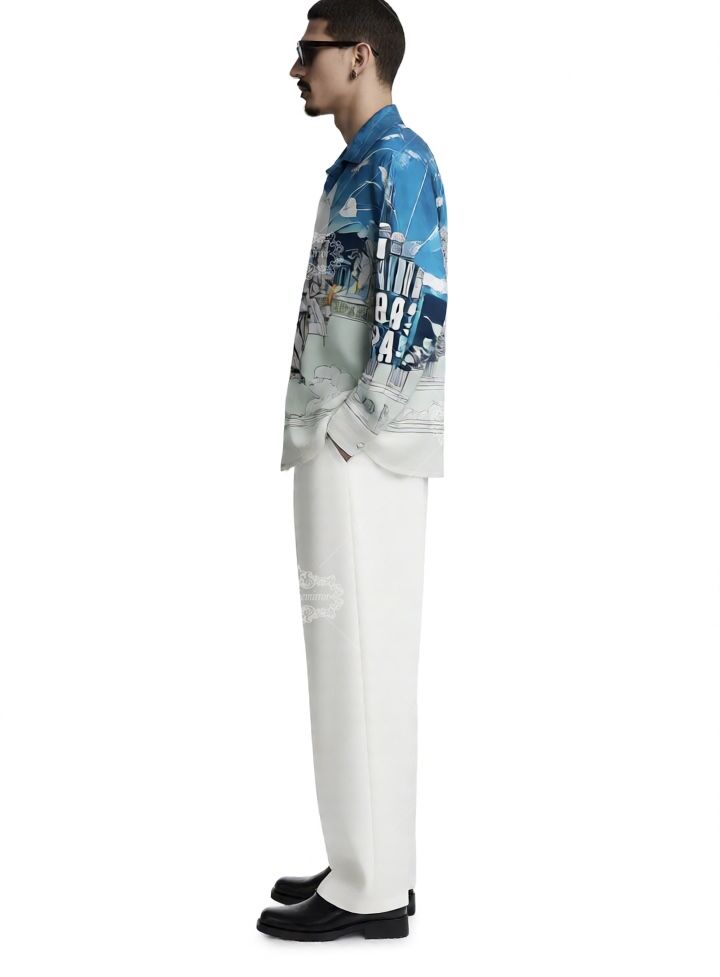 شاحب الأزرق الباروك النحت طباعة قميص / ضوء لوكس منتجع قصيرة