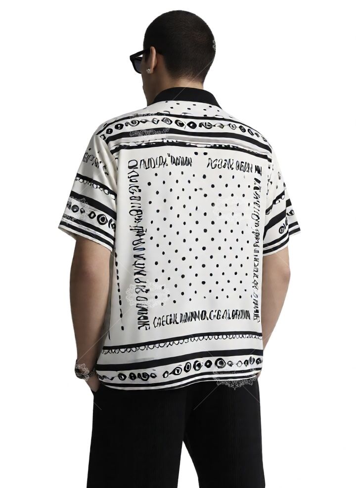 أحادية اللون البولكا نقطة الحدود قصيرة الأكمام قميص / الرجعية الحرير وشاح لوكس