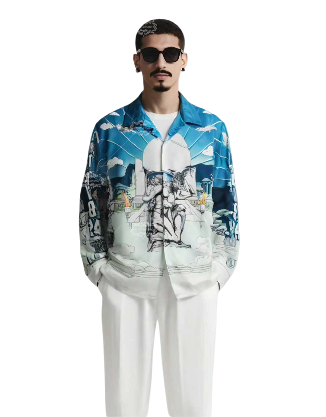 شاحب الأزرق الباروك النحت طباعة قميص / ضوء لوكس منتجع قصيرة